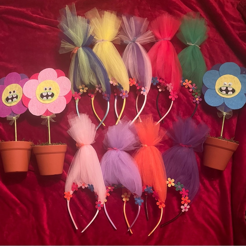 Colorful Troll Headbands and Flower Decorations